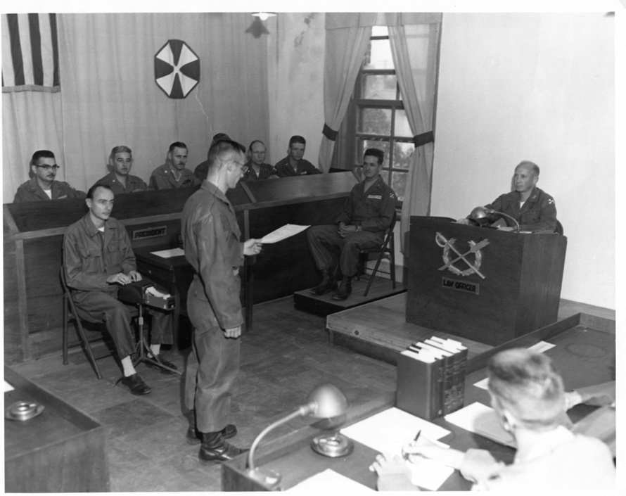 First Lieutenant Victor A. DeFiori (later a military judge and brigadier general) acting as trial counsel in an early court-martial under the UCMJ in Korea, September 22, 1954. (Credit: JAG Corps Regimental Archives)